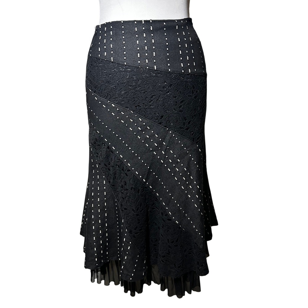 Vintage Young Essence Midi Skirt Size S Black Lace Paneled Ruffle Hem